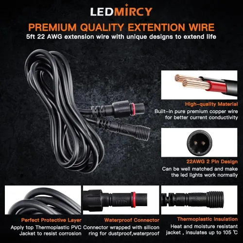 Miniatura 4 de LEDMIRCY Cable de Extensión para Luces LED de Roca Cable de Alambre de 2 Pines Impermeable 2PCS 5ft 22AWG con Conectores Macho a Hembra Tuerca