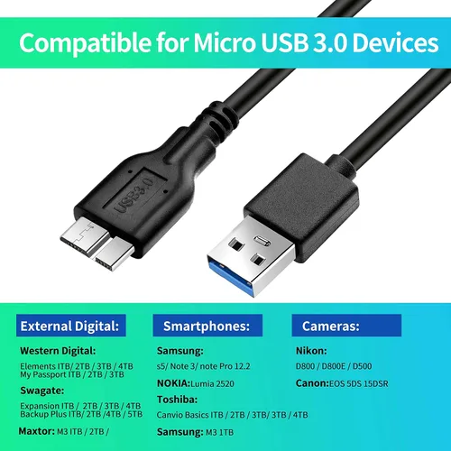 Miniatura 3 de Cable micro B, USB 3.0 A macho a micro USB 3.0, cable de sincronización compatible con Toshiba, Seagate, Samsung, WD, My Passport y más discos duros