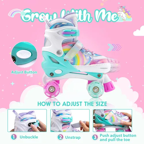 Miniatura 2 de SULIFEEL Rainbow Unicorn - Patines ajustables de 4 tamaños para niñas y niños de 3-5, 5-8, 6-12 años, patines para interiores y exteriores Un arco