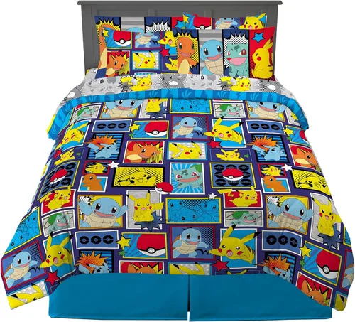 Franco Pokemon Bedding - Juego de edredón y sábanas súper suaves con funda, 7 piezas, tamaño Queen, (producto oficial con licencia)