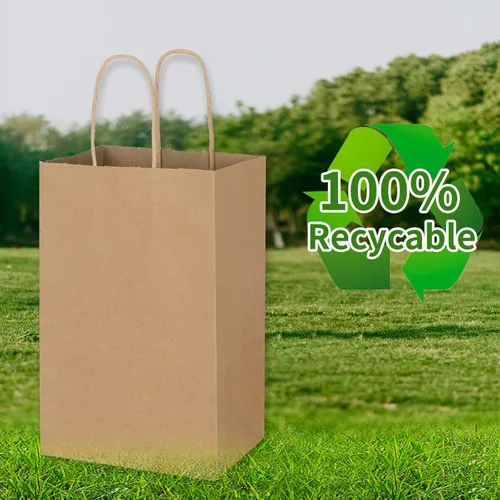 Miniatura 4 de Toovip Paquete de 50 bolsas pequeñas de papel kraft marrón liso de 5.25 x 3.25 x 8.25 pulgadas con asas a granel, bolsas de regalo para regalos