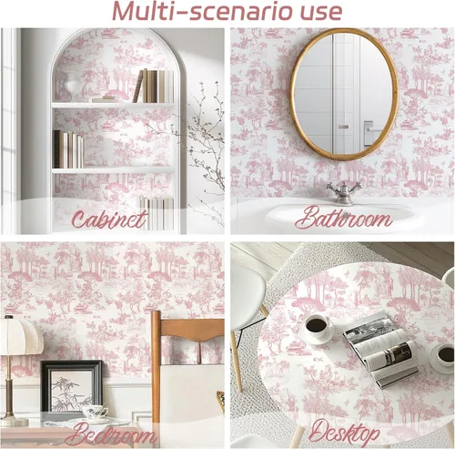 Miniatura 3 de WENMER Papel Tapiz Toile, 17.7" X 118" Rosa y Blanco Despegar y Pegar Papel de Pared, Papel Tapiz Toile de Jouy, Papel de Contacto Vintage Francés