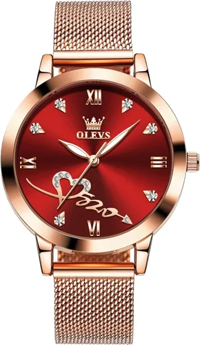OLEVS Reloj de pulsera de cuarzo analógico con diamantes de oro rosa para mujer, vestido de lujo, acero inoxidable, luminoso, impermeable, fecha,