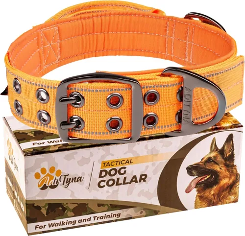Miniatura 40 de ADITYNA Collar de perro resistente para perros grandes, collar naranja reflectante con asa para entrenar y caminar, ancho, grueso, táctico