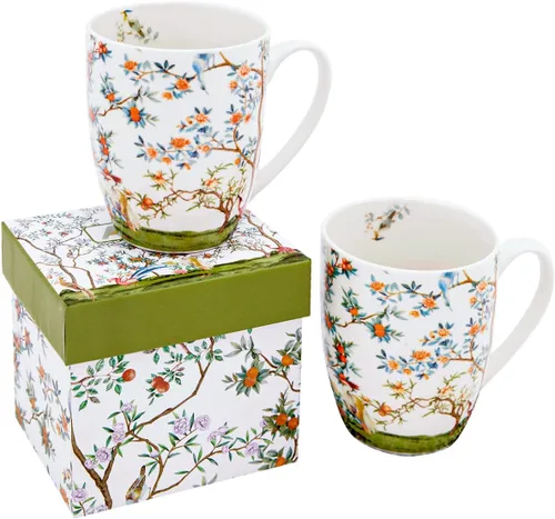 ALYC Juego de Tazas de Café de Porcelana Fina – Diseño de Taza de Té con Pájaro y Flores de Rama – Paquete de 2 Tazas de Té de Porcelana con Caja de