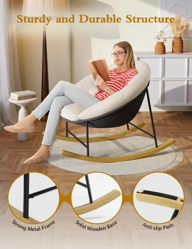 Miniatura 6 de Kidirect Mecedora para Guardería, Mecedoras Modernas Tapizadas para Guardería y Silla de Lectura Redonda con Cojín Removible, Cómoda Mecedora