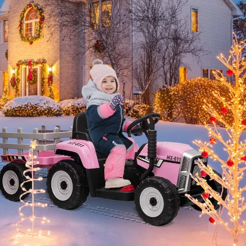 Miniatura 5 de Tractor eléctrico de 12V para niños con batería, con remolque, vehículo de paseo para niños con control remoto/ 7 faros LED/ cambios de marcha 2+1