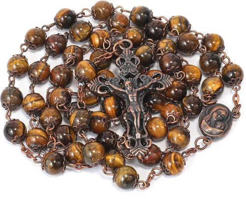 Nazareth Store Collar de rosario con cuentas de piedra natural, 0.315 in, diseño de cobre antiguo, medalla de suelo sagrado y cruz en bolsa de
