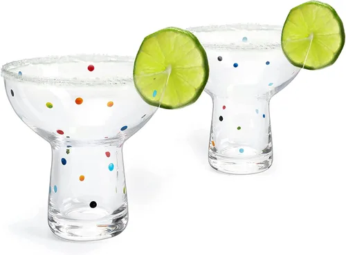Miniatura 2 de Vasos coloridos soplados a mano con lunares – Margarita de confeti, copa de vino y Martini con puntos brillantes – Divertida cristalería retro