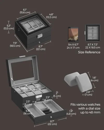 Miniatura 21 de SONGMICS UJWB012 - Caja de reloj de 12 ranuras, caja de reloj con cerradura con tapa de vidrio, 2 capas, con 1 cajón para anillos, pulseras, idea