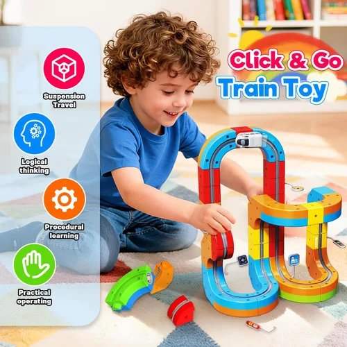 Miniatura 2 de Juego de tren eléctrico para niños, 110 piezas de pista de carreras 3D con tren eléctrico, señales de tráfico, juguetes de tren STEM, regalos