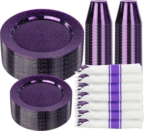 Miniatura 30 de DaYammi 350 piezas de platos de plástico azules y blancos desechables para fiestas, incluyen 50 platos de cena, 50 platos de postre, 50 servilletas