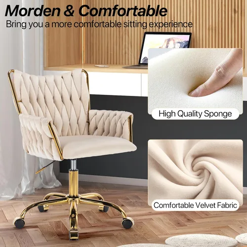 Miniatura 6 de KCC Silla Moderna de Terciopelo para Oficina en Casa con Respaldo Tejido a Mano, Silla Tapizada Ajustable para Maquillaje con Reposabrazos y Base