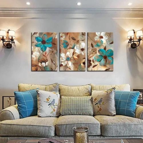 Miniatura 2 de Biuteawal - Pintura abstracta de flores sobre lienzo, arte de pared, diseño floral azul y blanco, ilustraciones decorativas contemporáneas