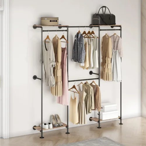 Miniatura 9 de KaKaBB Perchero industrial de tubería, perchero de pared para colgar ropa, perchero de esquina ajustable en forma de L con estantes, sistema de Negro