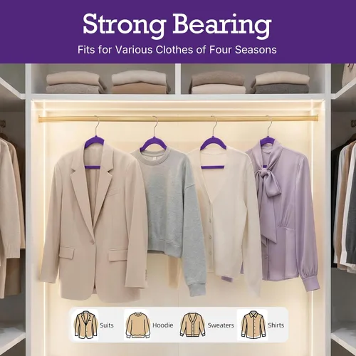 Miniatura 9 de HOUSE DAY Paquete de 60 perchas de terciopelo morado noble, perchas de terciopelo antideslizantes para ropa resistentes para abrigos, perchas Noble