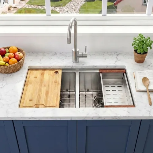 Miniatura 7 de LQS Fregadero de cocina de doble tazón para muchas ollas y sartenes, fregaderos de cocina de acero inoxidable para montaje bajo y caída