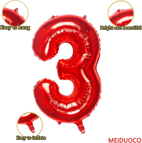 Miniatura 2 de Globos rojos de 32 pulgadas con el número 3 de aluminio, suministros de decoración de fiesta de cumpleaños (globo rojo del número 3)