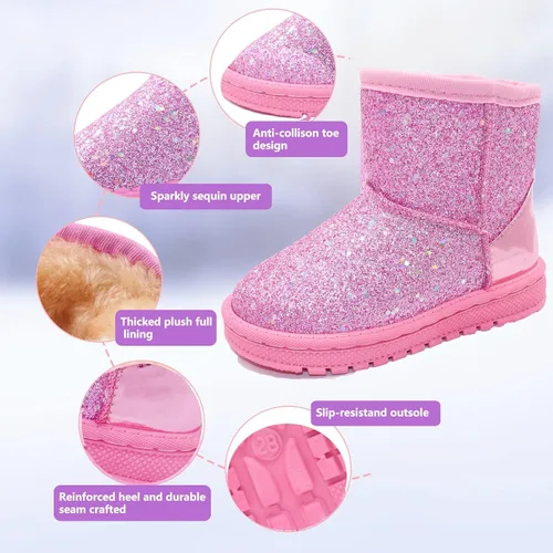Miniatura 3 de Botas de nieve Elcssuy para niñas, para niñas y niños, cálidas, con lentejuelas de invierno, cómodas, lindas botas de nieve con purpurina al aire