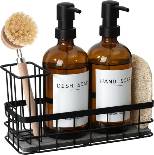 Dispensador de jabón para platos para cocina, dispensadores de jabón de manos y platos ámbar de 16.9 onzas líquidas, juego de dispensador de jabón