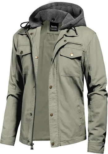 Miniatura 9 de Pursky Chaqueta de lona de algodón militar casual para hombre con capucha desmontable