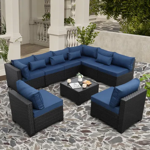 Miniatura 2 de Juego de 9 piezas de muebles seccionales para exteriores de mimbre resistente a la intemperie, seccional de patio y mesa de patio de vidrio, cojines