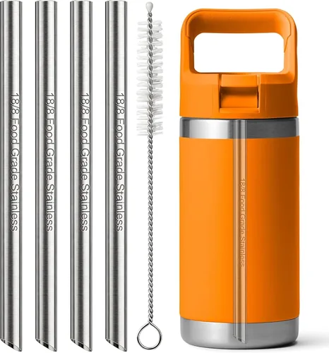 Repuesto de popote de metal compatible con botella de agua Yeti Rambler Jr. de 12 onzas, paquete de 4 popotes reutilizables de acero inoxidable con