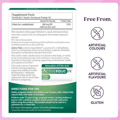 Miniatura 8 de Suplemento activo de ácido fólico, 400 mcg, apoya el embarazo, desarrollo fetal, combate el cansancio, la fatiga, la máxima absorción