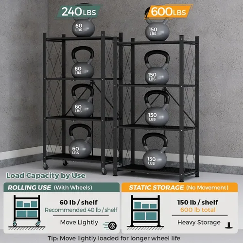 Miniatura 10 de DEANIC Estantes de almacenamiento plegables de 4 niveles con ruedas, estantería de gran capacidad, estante de alambre de metal independiente, Negro
