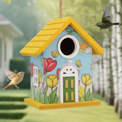 Miniatura 9 de Casas de madera para pájaros para exteriores, casa de pájaros de madera amarilla para exteriores, tulipanes pintados a mano, casas de pájaros