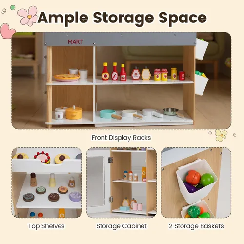 Miniatura 5 de Costzon Juego de simulación para tienda de comestibles, tienda de juegos de madera, juego de supermercado para niños pequeños con caja registradora