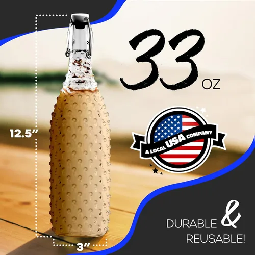 Miniatura 3 de Nevlers, juego de 6 botellas de vidrio con tapa abatible de 33 oz con puntos Botellas de vidrio transparentes de 1 litro con tapa, envoltura