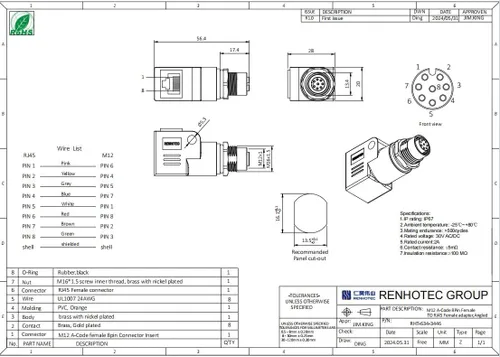 Miniatura 3 de Elecbee Adaptador de mamparo M12 a RJ45 impermeable M12 A Código 8 Pin hembra a RJ45 Jack de ángulo recto naranja