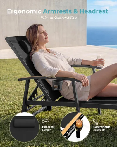 Miniatura 3 de Ciokea Sillón para exteriores con almohada, tumbona de aluminio de 5 posiciones con ruedas y reposabrazos, silla de piscina resistente de 400 libras