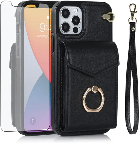 Asuwish Funda de teléfono para iPhone 12 Pro iPhone12 6.1 Funda tipo cartera con protector de pantalla de vidrio templado y anillo de bloqueo RFID,