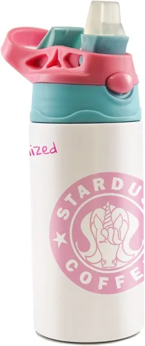 Miniatura 18 de All-Star Sports – Diseño rosa – Botella de agua pequeña de 12 onzas con popote de silicona desplegable – Personalizar con nombre – Aislamiento