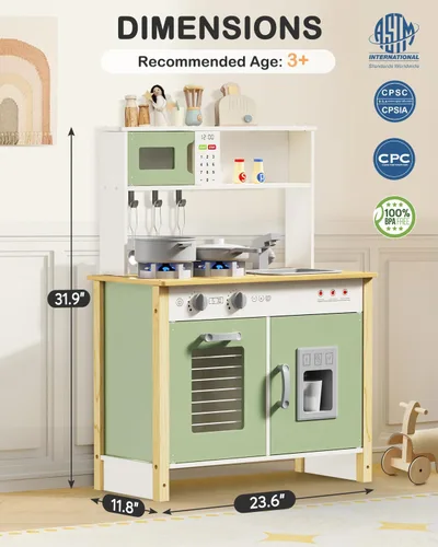 Miniatura 6 de Babytronic Cocina de juego para niños, juego de cocina de madera para niños a partir de 3 años con luces reales, sonidos, estufa, fregadero, horno