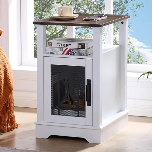 Miniatura 8 de Mesa auxiliar con estación de carga, mesita de noche de granja para sala de estar, mesita de noche negra para muebles de dormitorio, armario
