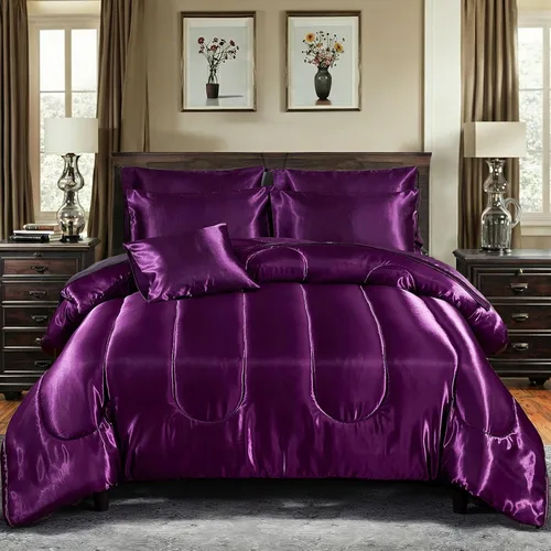 Miniatura 23 de Bedding_Dreamer Juego de edredón sedoso negro de satén en una bolsa, 8 piezas de ropa de cama sedosa de hotel de lujo con 1 edredón, 1 sábana