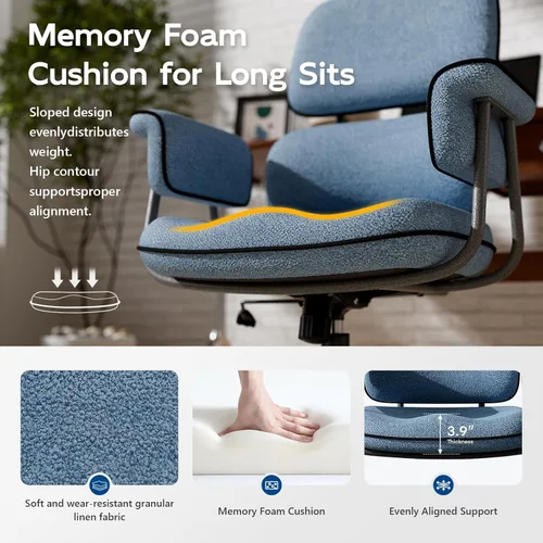 Miniatura 3 de HomeZeer Silla de oficina azul con cojín de espuma viscoelástica, silla de oficina de tela con ruedas y brazos, silla de escritorio moderna