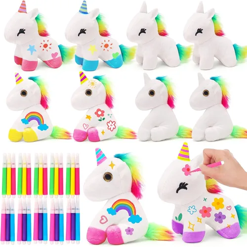 HAPGFS 10 piezas de unicornio para fiesta, juguetes a granel, mini animales de peluche de unicornio con bolígrafos de colores, llavero pequeño de