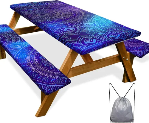 Miniatura 35 de Funda de mesa de picnic con fundas para bancos Esenciales de camping Mantel de picnic impermeable y a prueba de viento con bolsa de cordón, funda