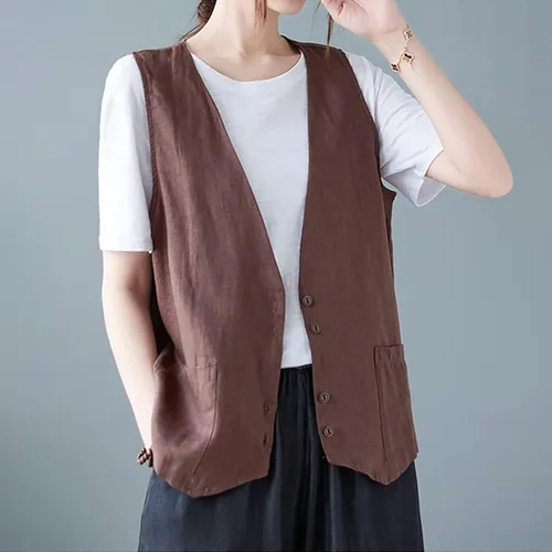 Miniatura 20 de COTECRAM Chaleco de lino de algodón para mujer, casual, sin mangas, con botones, ligero, para verano, holgado, ropa de abrigo