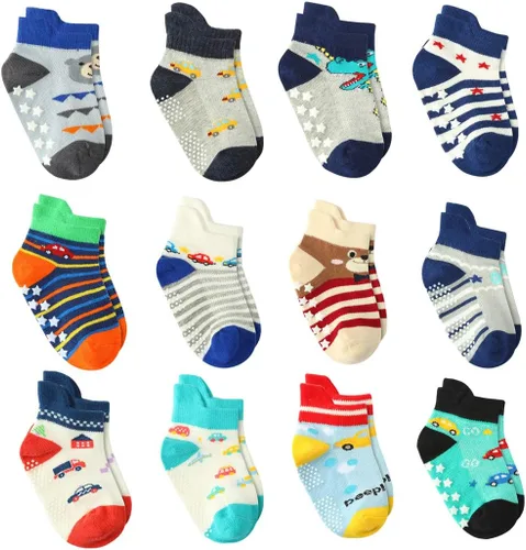 Miniatura 5 de 12 pares de calcetines para niños pequeños, antideslizantes, de algodón, calcetines antideslizantes para niños y niños