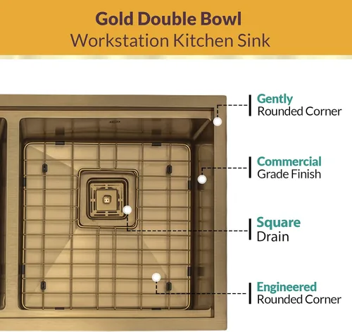 Miniatura 4 de Strictly Sinks - Fregadero de cocina dorado de 32 pulgadas, resistente a arañazos y manchas, rejilla inferior de doble tazón de calibre 16, tabla
