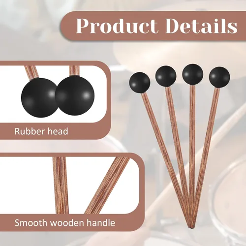 Miniatura 3 de 4 mazos de tambor de lengua de acero, mazos de xilófono, mazo Glockenspiel, mazo de percusión de goma de madera de 5.7 pulgadas, baquetas de goma