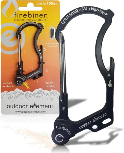 Miniatura 12 de OUTDOOR ELEMENT Firebiner Custom Engraved 6-in-1 Fire Starter Carabiner Multitool – Survival Gear EDC Keychain with Utility Blade, Bottle Opener