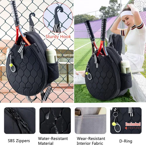 Miniatura 6 de Bolsa de tenis acolchada para mujer – Mochila de tenis y bandolera Capacidad para 2 raquetas o 3 paletas de pickleball Bolsa ligera para raqueta