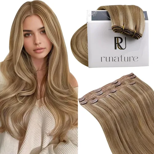 RUNATURE - Extensiones de cabello humano Remy real con pinzas, extensiones doble cortina de cabello corto, color rubio oscuro con reflejos rubio