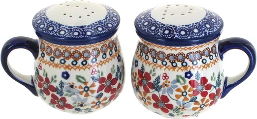 Blue Rose Polish Pottery - Saleros y pimenteros de margaritas rojas con asas - 3.75 pulgadas de alto - Juego de condimentos de cerámica pintados a